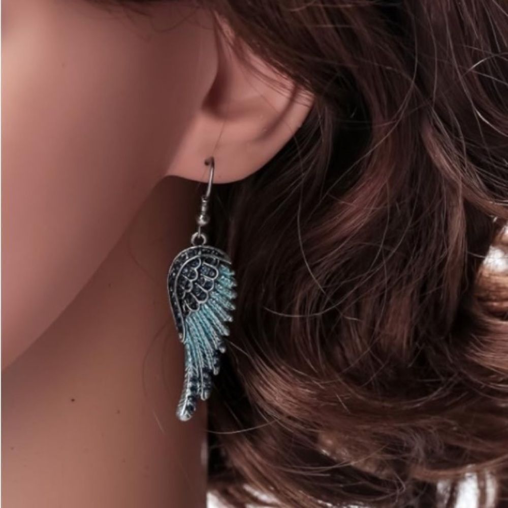 Silver with Blue Sapphire Crystal Angel Wing Dangle Drop French Hook Earrings - Picture 3 of 4